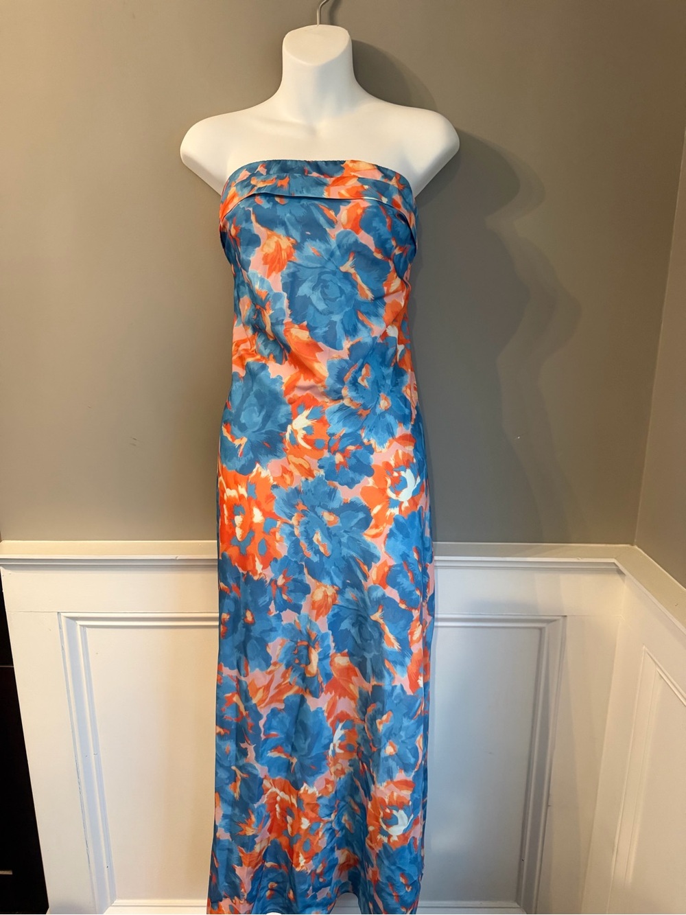 Strapless Floral Maxi Dress in Blue and Orange